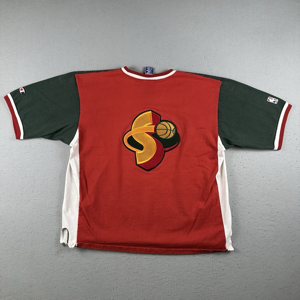 Vtg 90s Champion Seattle‎ Sonics Shooting Shirt Men's 2XL Red Green Short Sleeve